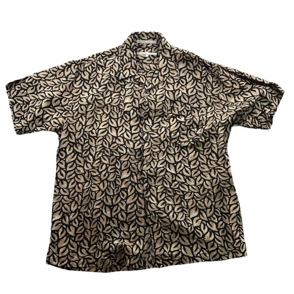 Perry Ellis Men Shirt Large Short Sleeve Silk Linen Button Up Leaf Print Tan Y2K - Picture 1 of 11